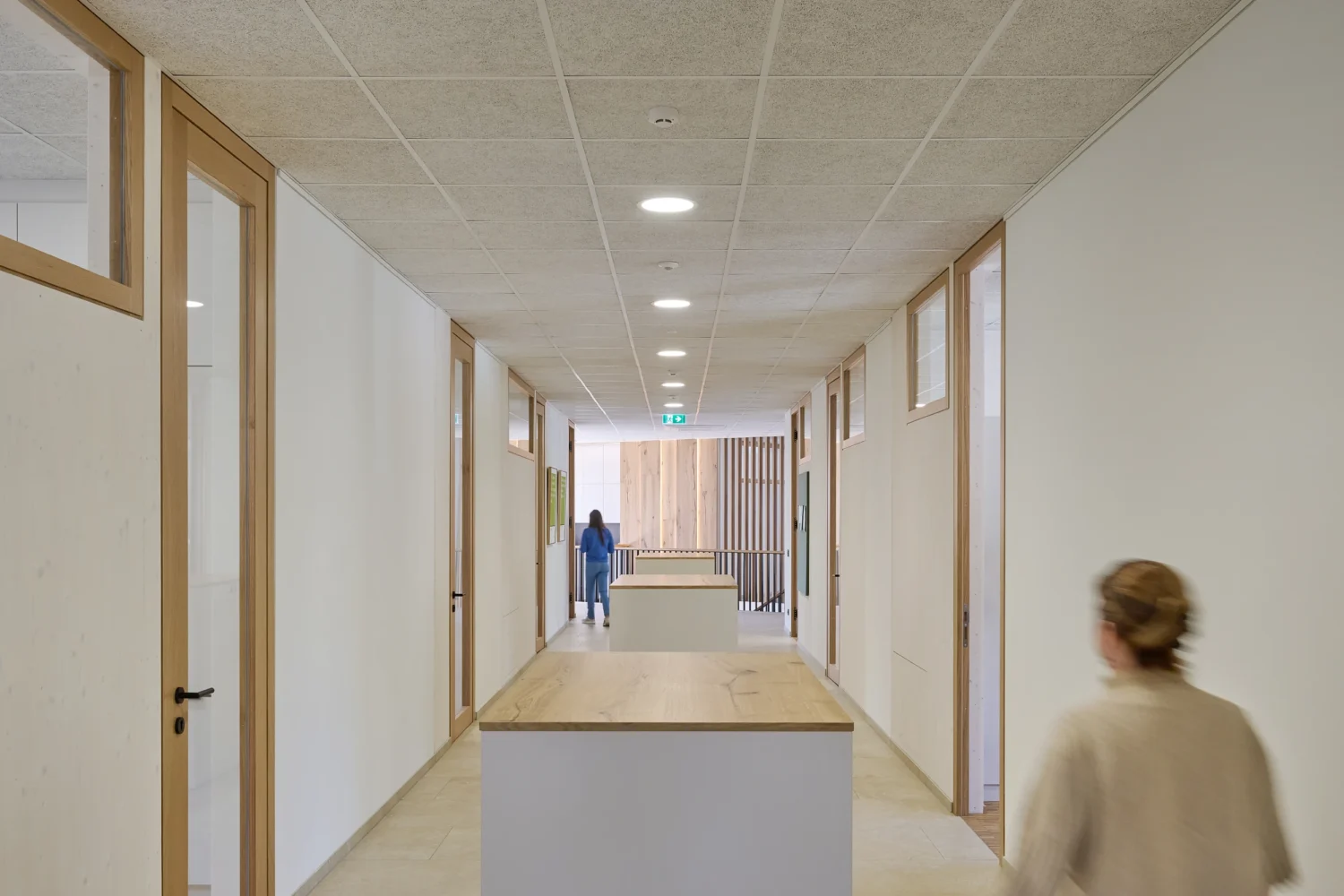 Heller Mittelgang im Bürohaus Riebenbauer mit Holzoberflächen, Oberlichten und Besprechungsinseln